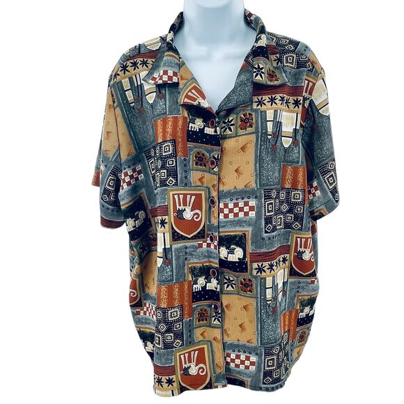 Vintage Ship 'n Shore Gray Brown Graphic India Button Short Sleeve Blouse XL - Picture 1 of 9